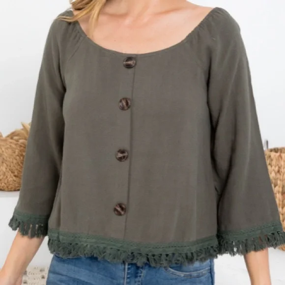 Olive Button Front Top - Picture 4 of 5